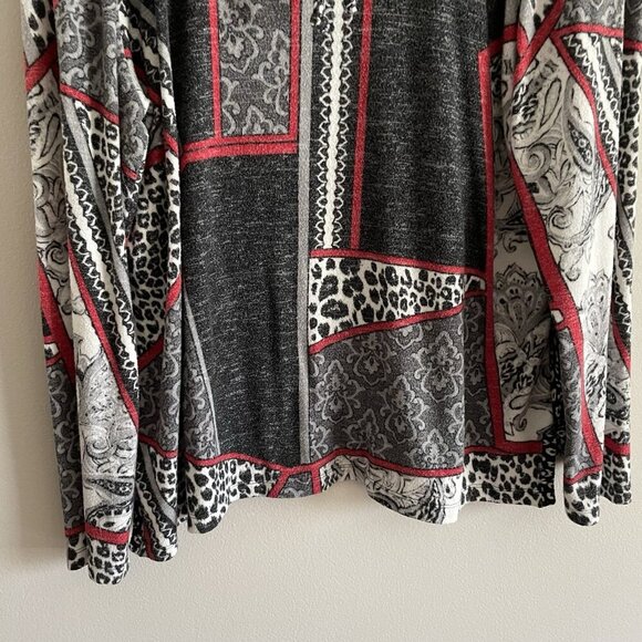 Weekends by Chicos Women Sz 2 L Black/Gray/Red Drawstring Cowl Neck L/Sleeve Top - Picture 2 of 10